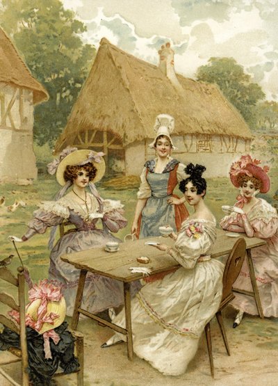 農場でお茶を飲んでいる美しい豊かな女性。 作： French School