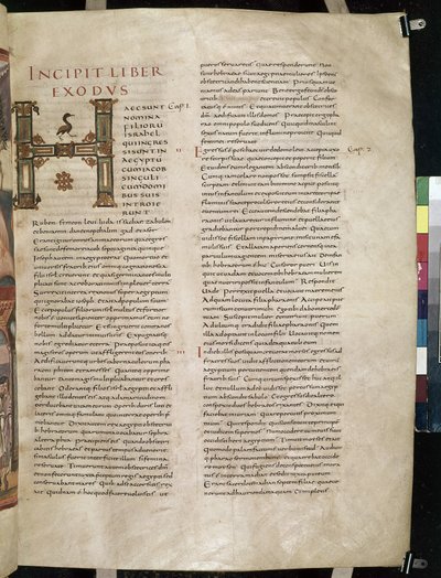Moutier-Grandval 聖書のイニシャル「H」が装飾された、出エジプト記の冒頭、 作： French School