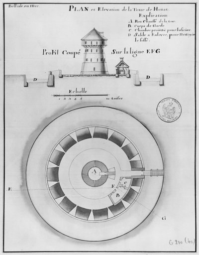 ベルアイルエンメール、1745年、ウアトの塔の平面図と標高（ペンとインク、紙にw：c） 作： French School