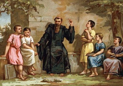 ローマ貴族の子供たちに自分のルールを教えるBenoit de Nursie（聖ブノワ）（480-547）。19世紀末のクロモリトグラフ。 作： French School