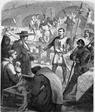 Bertrand du Guesclin (Duguesclin) (v.1320-1380)は、アヴィニョンの住民からお金を受け取ることを拒否したフランスのコネタブル。Histoire De France En Cent Paintings by Paul Lehugeur "1891 "に掲載された版画。 作： French School