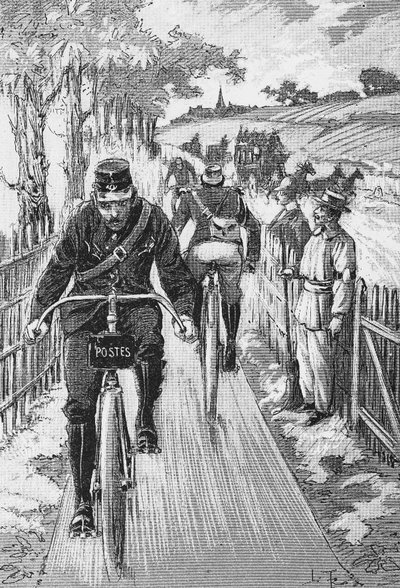 要因となる自転車道。M.ベリュイエによるスイフト・プロジェクト・トラック......l.ボードリ・ド・ソーニエの「理論と実践のサイクリング」に掲載されている、エングレーヴィング、Bibl.de la ville de Paris。 作： French School