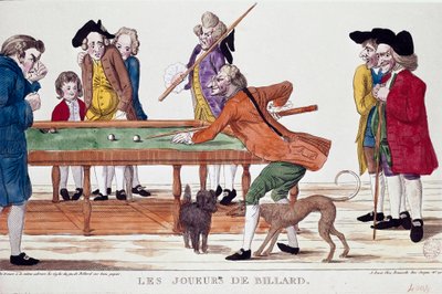 ビリヤード選手（革命暦8年のテルミドール）（1800年）。漫画。革命期のフランス派のカラーエングレーヴィング。パリ、カルナヴァレ美術館 作： French School