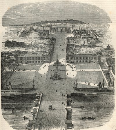 コンコルド広場、ロワイヤル通り、マドレーヌ教会の鳥瞰図 - Edmond Texier 1852年の "Tableau-de-Paris "のエングレービング 作： French School