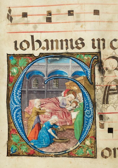 聖母の誕生、段階的、f.76（羊皮紙にインク、テンペラ、金箔） 作： French School