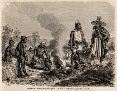 Fouta Djalon（セネガル）で鍛冶屋が仕事をしている様子。1860年にランバート中尉がFouta Djalonへの旅を説明するためにHadamardが描いたもの。1861年の "Le tour du monde "に掲載されたエングレーヴィング。セルバのコレクション。 作： French School