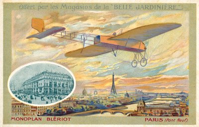 ブレリオの単葉機とポン・ヌフのあるパリの風景（クロモリト 作： French School