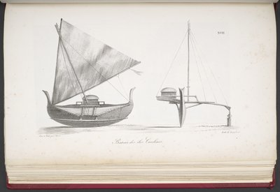 アメリカ、アジア、アフリカ、大洋の島々からの野蛮人の肖像画とともに、世界一周の絵のような航海から、キャロライン諸島からのボート。 風景、海の景色、いくつかの自然史オブジェクト。 一緒に 作： French School