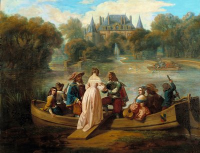 シャトーの湖でボートに乗る 17世紀のフランス派の絵画個人蔵 作： French School