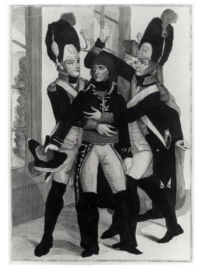 ボナパルト（1769-1821）St.Cloudでの会期中に2人の手榴弾兵によって保護されました。19brumaire a 8（1799年11月10日）、c.1800 作： French School