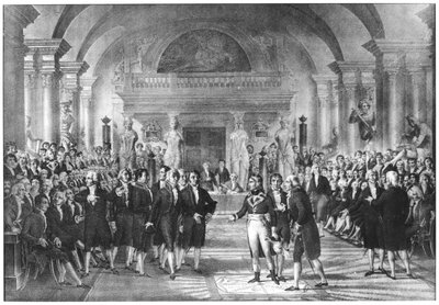 ボナパルト、最初の領事（1769-1821）19世紀初頭、ルーブル美術館で科学アカデミーのメンバーを訪問 作： French School