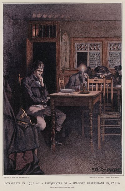 1792年にパリの6ヶ所のレストランによく行くボナパルト 作： French School