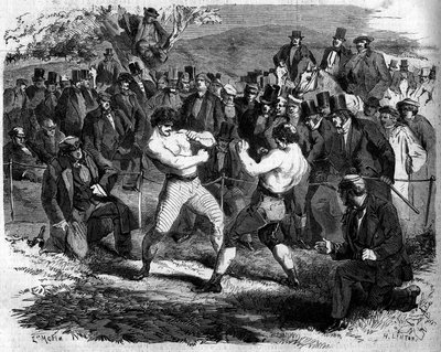 イギリス人トーマス・セイヤーズ（1826-1865）とアメリカ人ジョン・カーメル・ヒーナン（1833-1873）が4月17日にイギリスのオルダーショットで行ったボクシングの試合。 作： French School