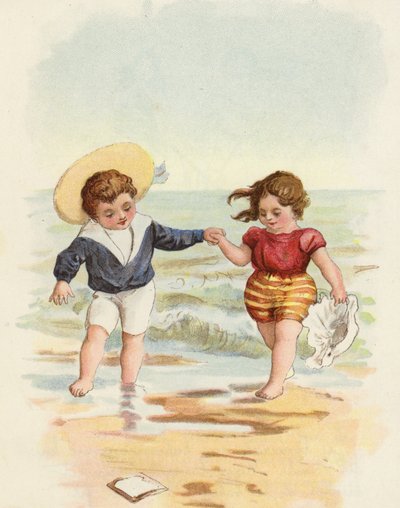 男の子と女の子がビーチで遊んで 作： French School