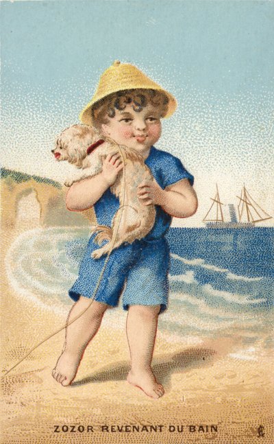 ビーチで犬と少年 作： French School