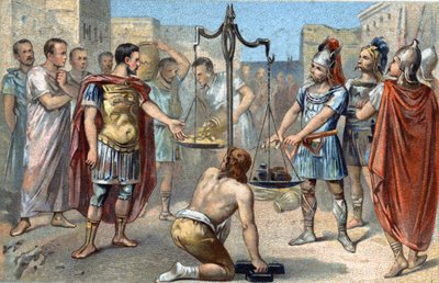 ガリア人セノン族のリーダーBrennusは、運命的なVae victis（敗者に災いあれ）を宣言し、重い剣を秤の台に投げ入れました。この剣は、Caの包囲を高めるためにローマ人に要求した黄金の貢物を相殺するものでした。 作： French School