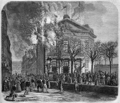 ブレスト、1866年3月11日の劇場の火災、Choquart de Linduによって1766年に建設された、ClergetとMoraineによる図面の後、Mage兄弟による写真の後のエングレーヴィング、「The Illustrated Universe」、24-03-1866に掲載。 作： French School