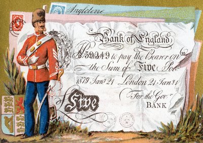イングランド銀行の5ポンド紙幣を守るイギリス軍兵士、1886-95年 作： French School
