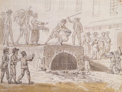 下水道に投げ込まれたマラトの胸像、1795年2月5日（紙に水彩） 作： French School
