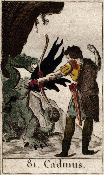 カドモス（KadmosまたはCadmus）がドラゴンを殺す（Cadmus fighting the dragon）。ピエール・ブランシャール1803年の「青少年の神話」より。 作： French School