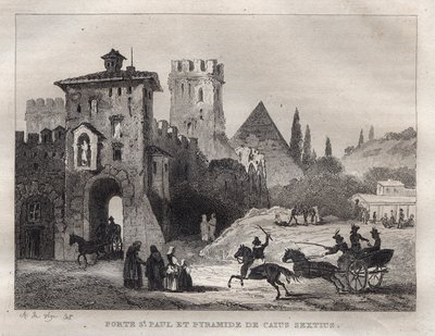 Caius Cestus Pyramid and Gate of St. Paul Porte Saint Paul and Pyramid of Caius Sextus a Rome - Engraving from "Picturesque Italy" - Historical and Descriptive Painting of Italy" by M. de Norvins, Ch. Nodier 1834-1836. 作： French School