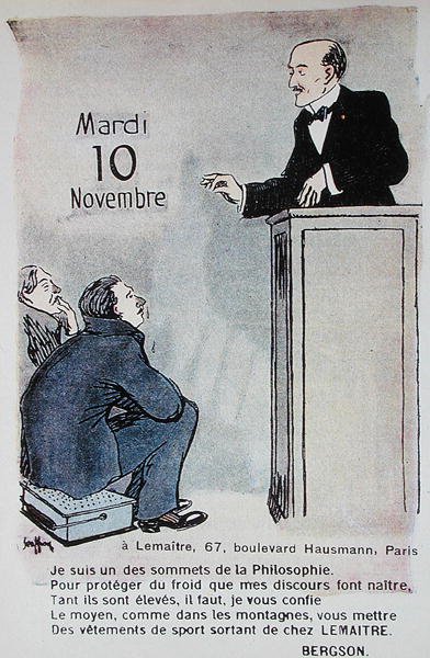 フランスの哲学者アンリ ベルクソン (1859-1941) の似顔絵を描いた 1914 年の広告用スポーツ ウェアのカレンダー 作： French School