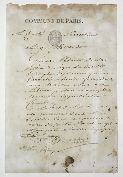 Maximilien de Robespierre（1758-94）からCommune、9 Thermidor An 2（1794年7月27日）への電話（紙にペンとインク） 作： French School