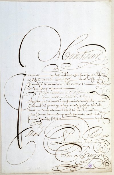 カリグラフィー。1678年頃にフランソワ・ドゥ・ブルインが書したアカウントレター。 作： French School