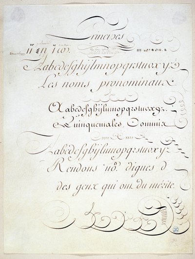カリグラフィー。アンドレ・タルデューが18世紀末に書いた3つのフランスの書物の原理を表した手稿作品。 作： French School