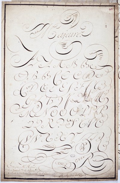 書道です。4月5日に書写されたメジャーバタールと呼ばれる大文字のプレート 作： French School