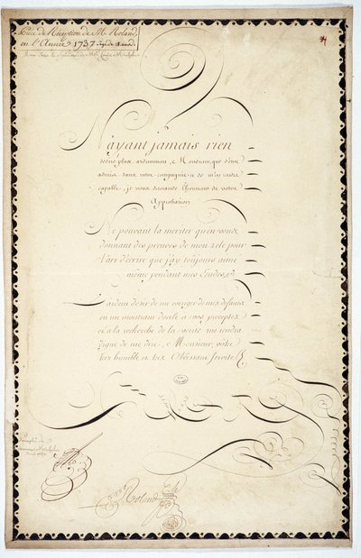 カリグラフィー。アンドレ・フランソワ・ローランドによる1737年のレセプション作品。 作： French School