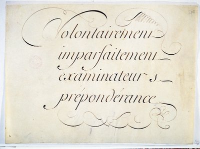 カリグラフィー：アンドレ・フランソワ・ロランによる1670年頃の写本作品。"intentionally, imperfectly, examiners, preponderance "の略。 作： French School