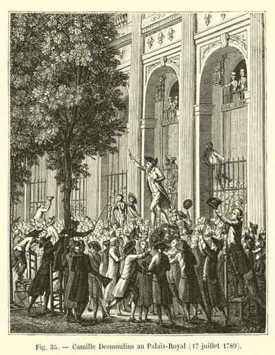 1789年7月17日、パレロワイヤルでのカミーユデスムーラン 作： French School
