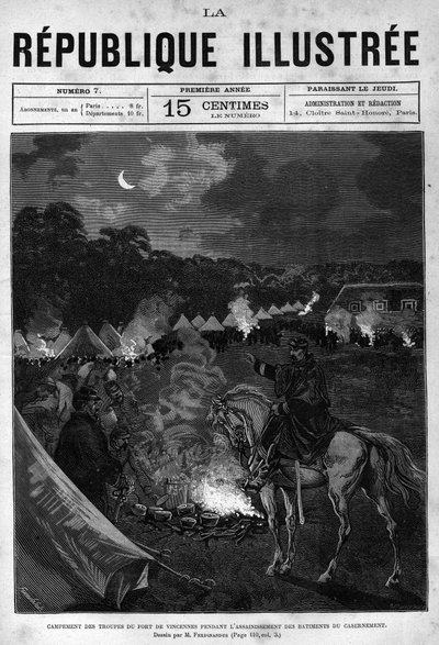 バンセンヌ砦の部隊のキャンプで、宿舎の清掃中。新聞。La republique illustree "の個人コレクションにある1880年のエングレーヴィング。 作： French School