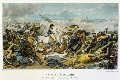 エジプト遠征（1798年～1801年）。1799年7月25日のアブキールの戦いで、Joachim Murat（1767-1815）が、ボナパルトがトルコ人を海に追いやった時のこと。 作： French School