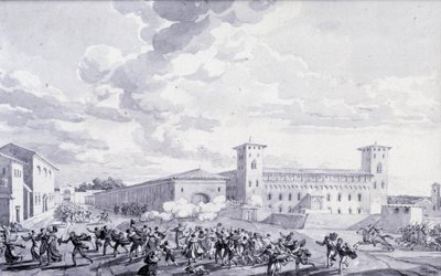 イタリアのキャンペーン：1796年5月、フランスの占領に対するパリ市の反乱の眺め。匿名のデッサン。パリ、ルーヴル美術館 作： French School