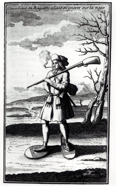 1753年に出版されたバックヴィルドゥラポテリー（1663-1736）による歴史的歴史の中のスノーシューで雪と戦うカナダ人 作： French School