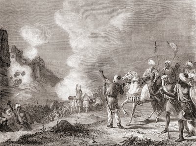 1274年、モロッコのシジルマサ攻防戦で、スルタンのアブ・ヤクブ・ユスフが攻城機として使用した大砲（1870年頃に出版された「科学のメルヴェイユ」（Les Merveilles de la Science）より）。 作： French School
