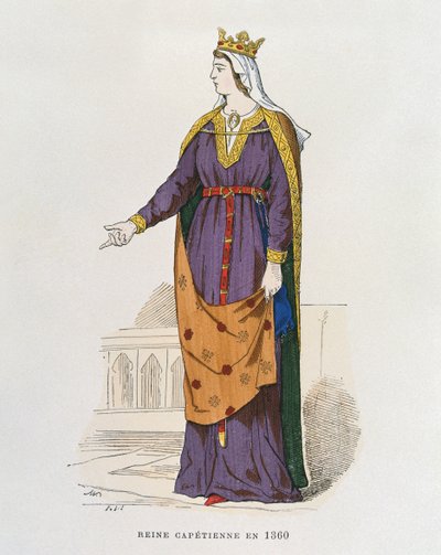 1360年のケープティアヌスの女王、数世紀に渡るフランスの民間および軍の衣装から 作： French School