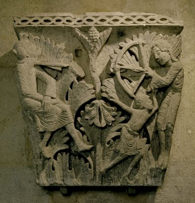 他人の首に矢を放つ男を描いた首都、c.1125-30（石灰岩） 作： French School