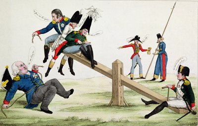 1815年のセントジュールの時のルイ18世（1755-1824）ナポレオン（1769-1821）とその同盟国を描いた風刺画 作： French School