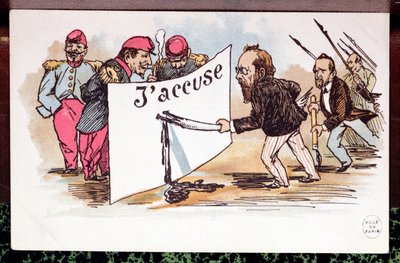 JAccuseの風刺画、エミールゾラ（1840-1902）が1898年にアルフレッドドレイファスを擁護して執筆した記事 作： French School