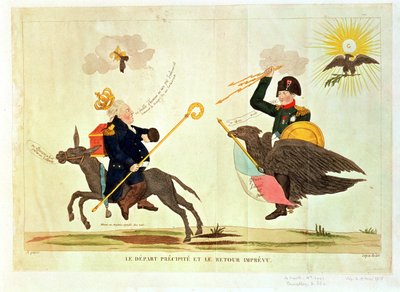 「百日」の風刺画、急いで出発、予期せぬ帰還、1815 作： French School