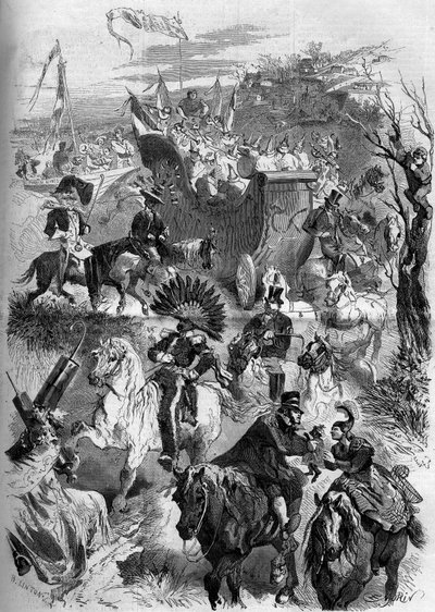 1859年3月8日、フランス、マルディグラのカーニバル：セーブルの仮面舞踏会のパリへの降下。1859年3月19日付「Le Monde Illustré」100号に掲載された版画。 作： French School