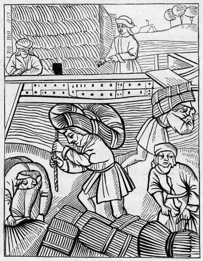 中世における干し草の運搬人。Engraving In "La Marine et les colonies: commerce" 作： French School