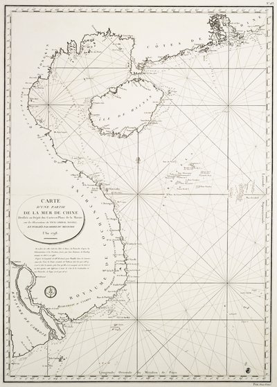 1798年、ロシリ副提督の観察に基づき、海図・海洋計画局で作成された中国海域の一部分の地図。 作： French School