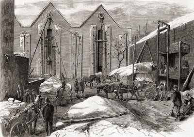ロンドンのリンゼイ・ハウスにあるチャールズ氏の氷倉庫で氷を運ぶ荷車（1866年発行の「L