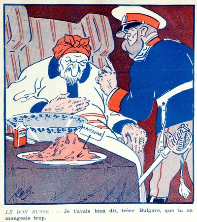 1912〜13年のバルカン戦争中のマケドニアの分割に関するブルガリアの貪欲な行動を批判する漫画 作： French School