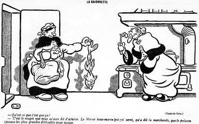 1917年3月29日、La Baionette誌のエイプリルフールデイ（ポアソンダヴリル）版から、フランス市場で購入した魚に対する海底封鎖の悲惨な影響を描いた漫画 作： French School