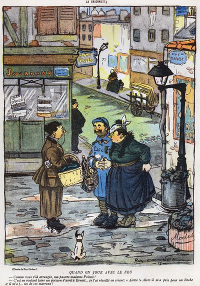 1917年3月29日、La Baionette誌のエイプリルフールデイ（ポアソンダヴリル）版から、妻が夫にいたずらを企てた結果を描いた漫画 作： French School